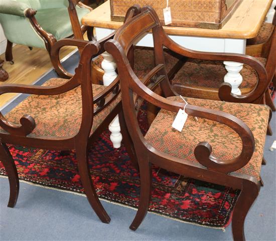 A set of four Regency mahogany dining chairs and a pair of Regency style brass inlaid elbow chairs (6)